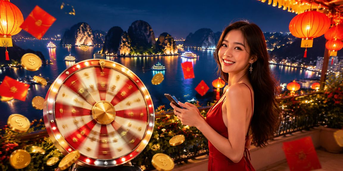 Cảnh Hạ Long Bay về đêm với đèn lồng và không khí casino trực tuyến sôi động