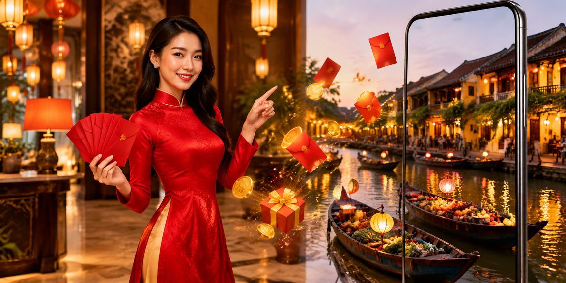 Người phụ nữ áo dài cầm phong bì đỏ lì xì tại Hội An mùa Tết Nguyên Đán